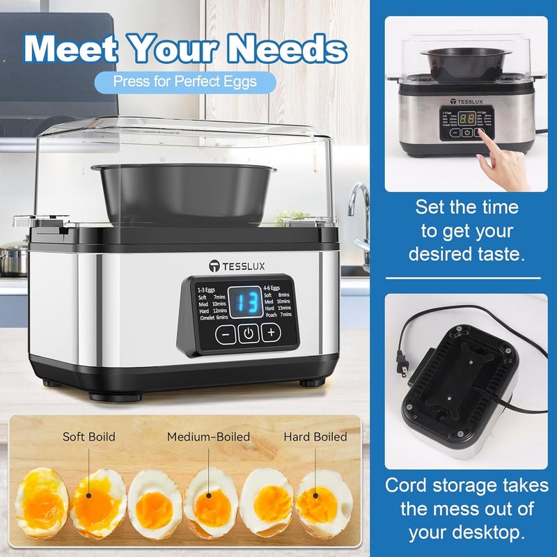 Teslux Electric Rapid Egg Cooker, 6 Egg Capacity for Hard Boiled Eggs, Poached Eggs, Scrambled Eggs, or Omelets Maker with Auto Shut Off (Sliver) - Image 3
